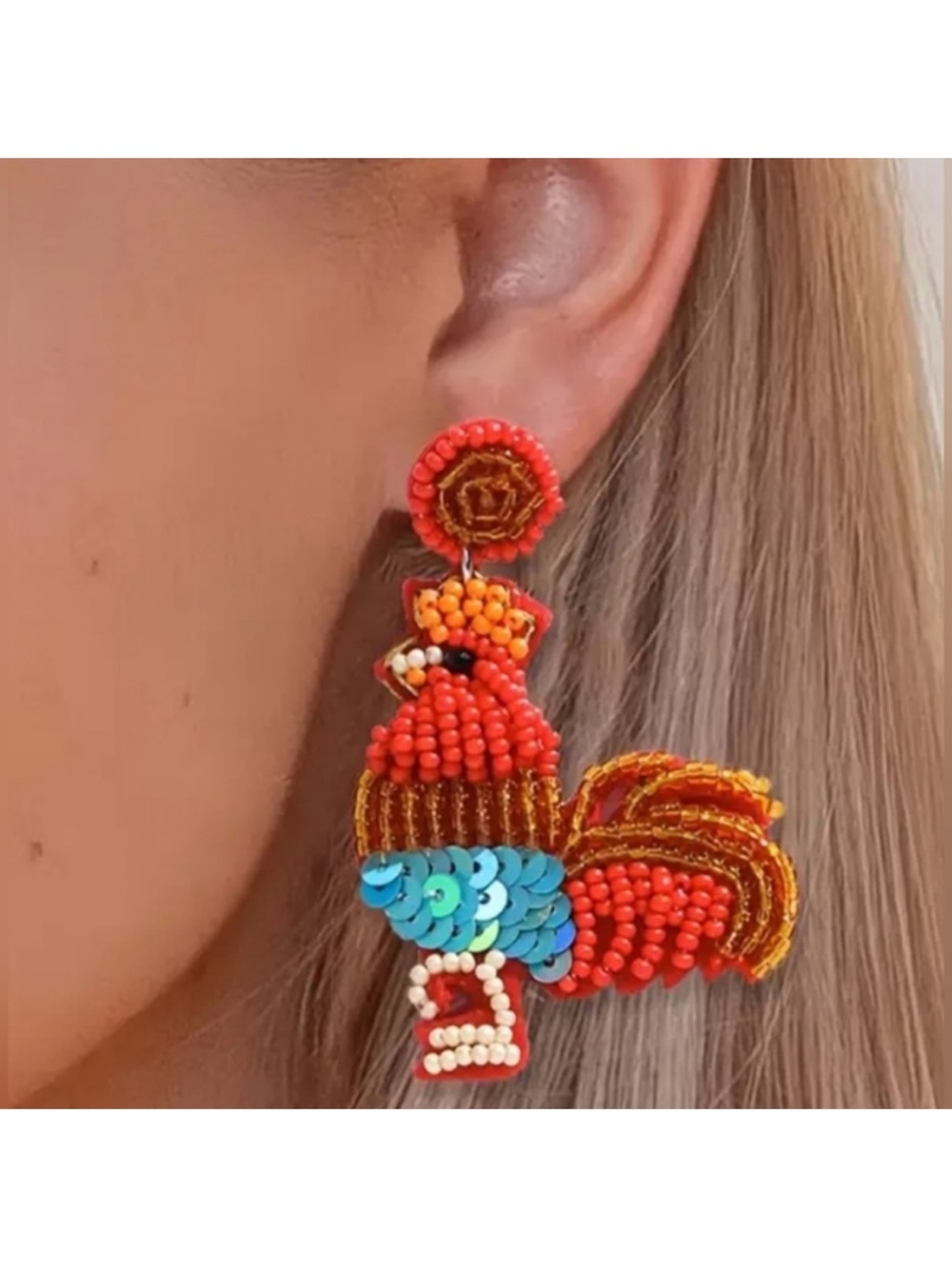 VIOLA Red and Blue Beaded and Sequins Rooster Earrings NWT